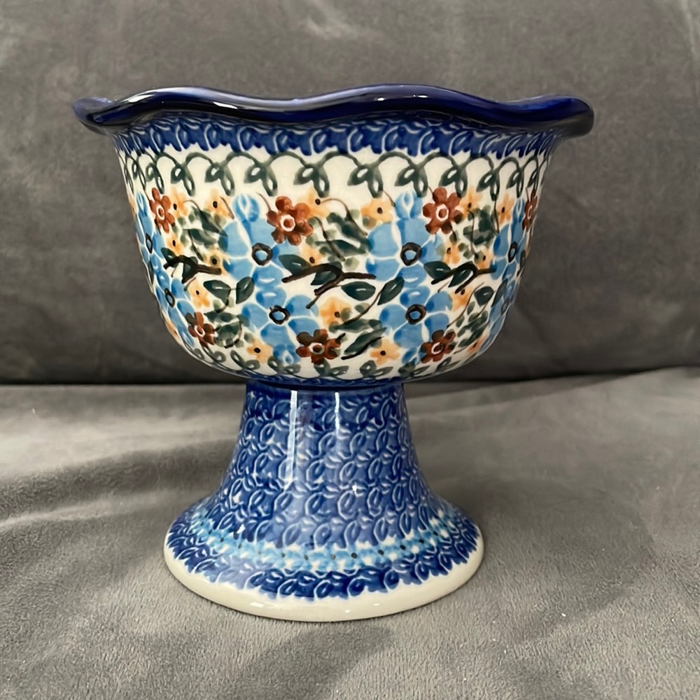 Unikat Poland pedestal comport/bowl in multicolor floral design.